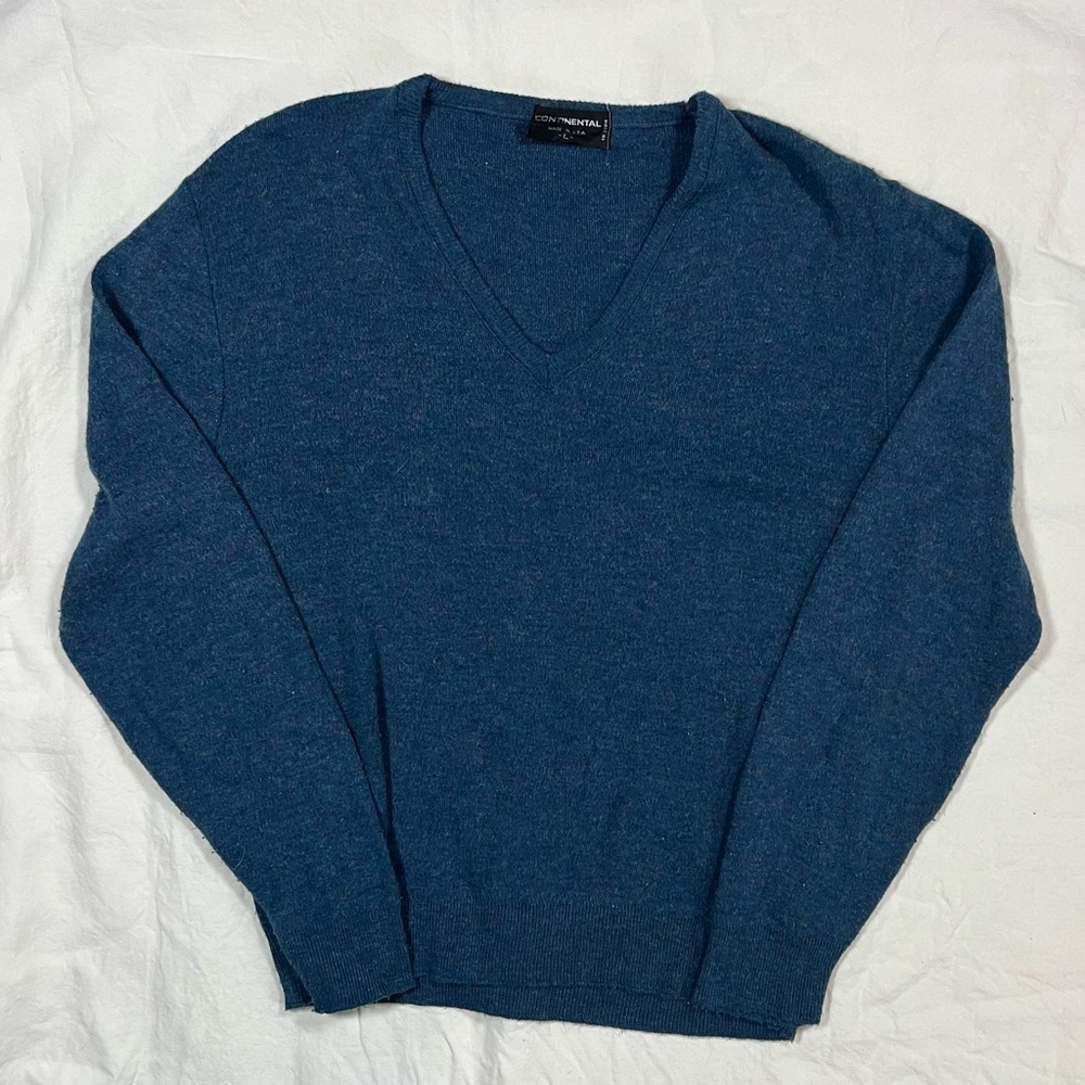 Vintage Continental USA V-Neck Sweater Blue Wool Blend Size Large Made in USA